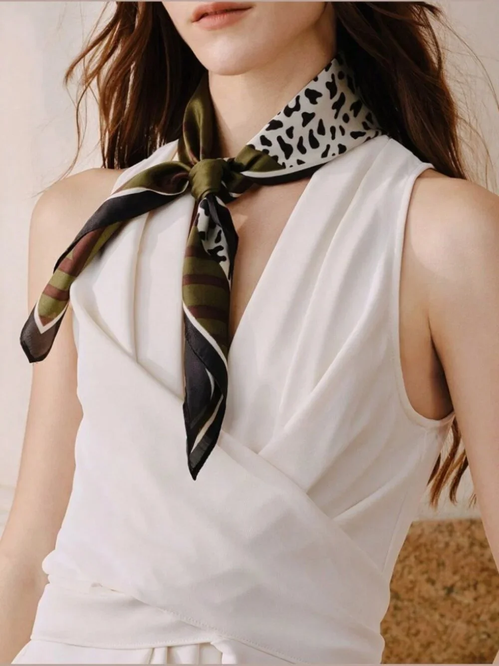 Brown & Olive Geometric and Digital Leopard Print Chevron Square Scarf